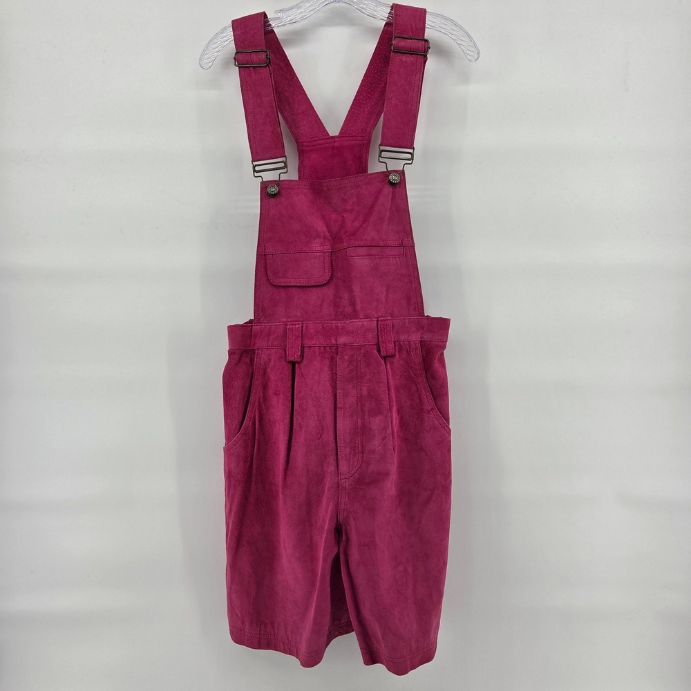Vtg 90s Express Suede Overall Shorts‎ Medium Bright Pink Leather Shortalls